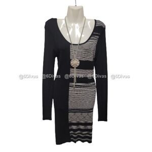 Black and White Bodycon Dress Long Sleeve Knit Sweater Sexy Spring Dress -Size L